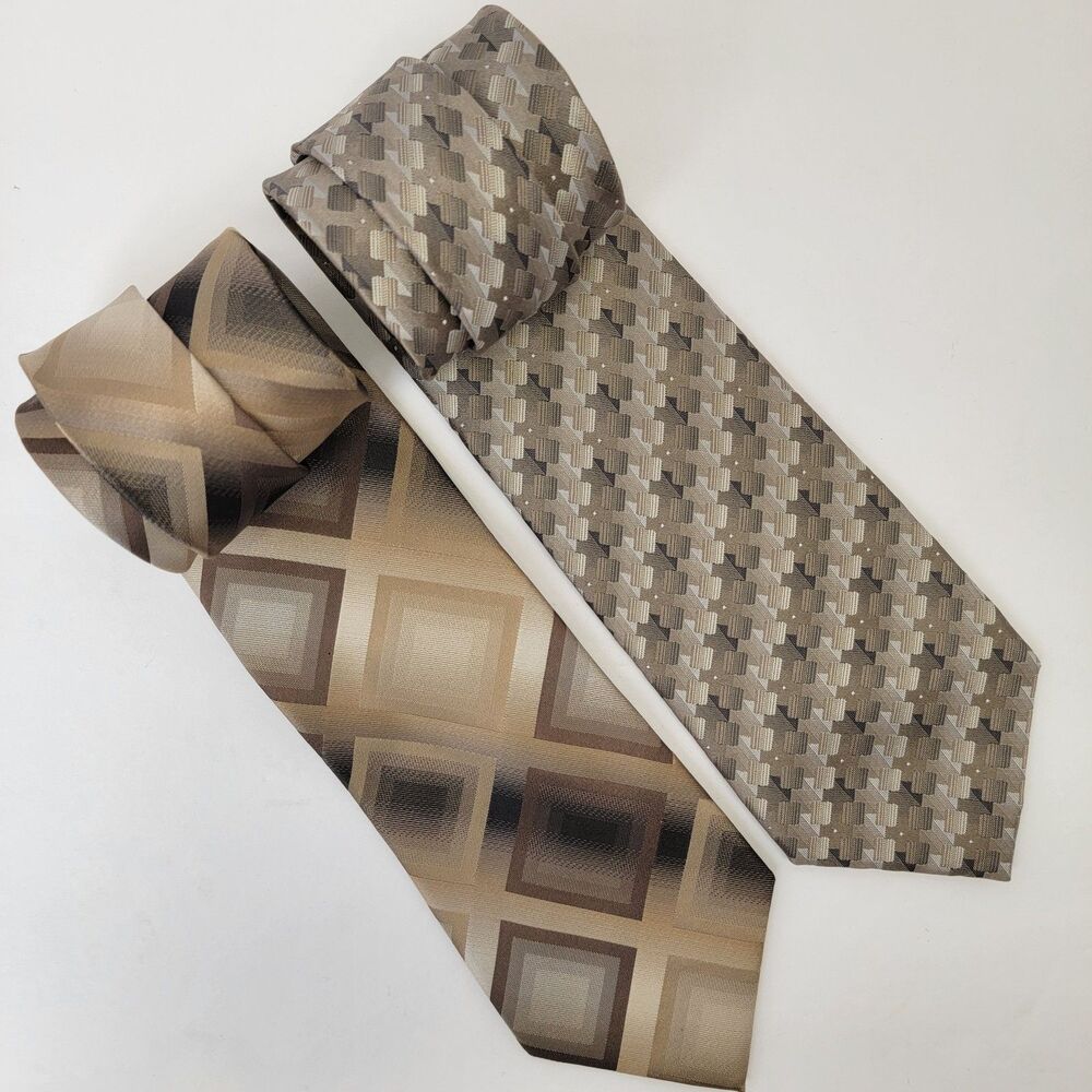Van Heusen Lot of 2 Handmade 100% Silk Gold/Silver Geometric Necktie 61x3.5